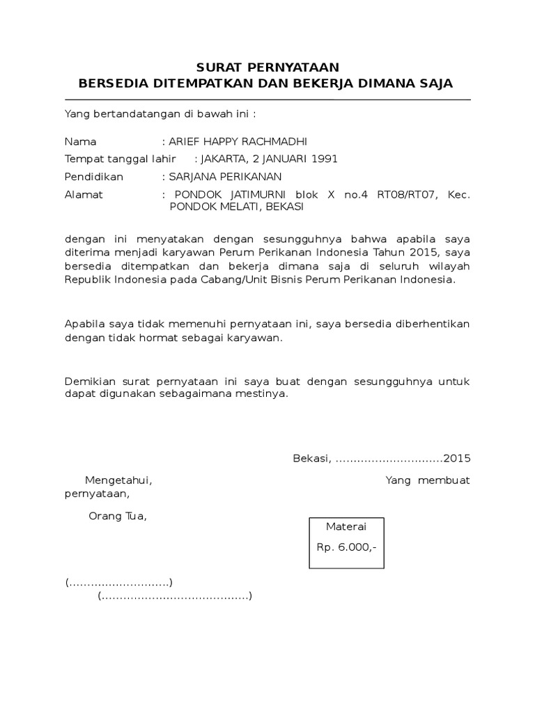 Detail Contoh Surat Pernyataan Bersedia Ditempatkan Dimana Saja Nomer 5