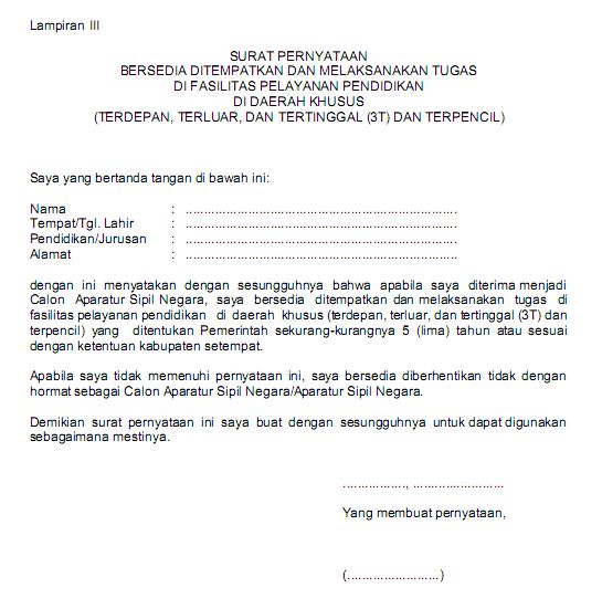 Detail Contoh Surat Pernyataan Bersedia Ditempatkan Dimana Saja Cpns Nomer 20