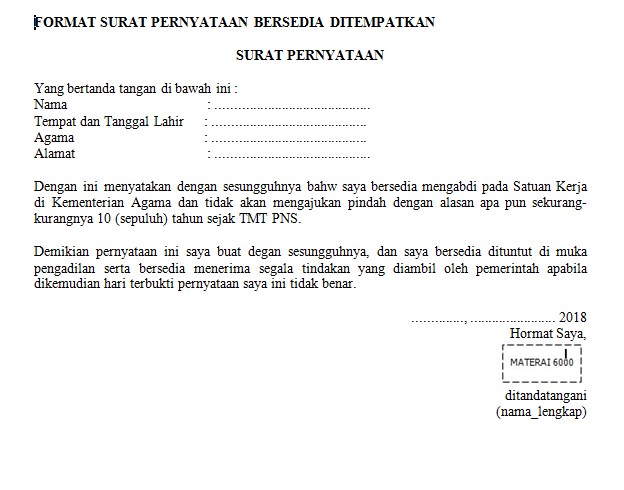 Detail Contoh Surat Pernyataan Bersedia Ditempatkan Dimana Saja Pns Nomer 13