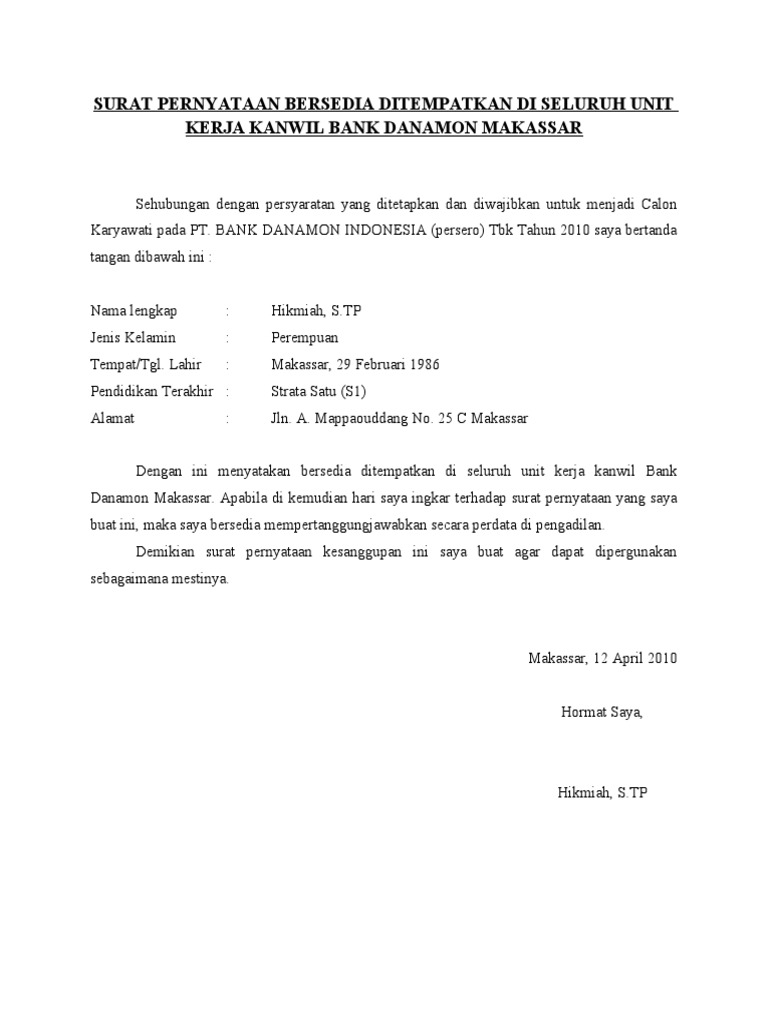 Detail Contoh Surat Pernyataan Bersedia Ditempatkan Diseluruh Wilayah Indonesia Nomer 11