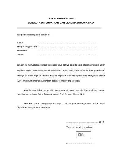 Detail Contoh Surat Pernyataan Bersedia Ditempatkan Diseluruh Wilayah Indonesia Nomer 39