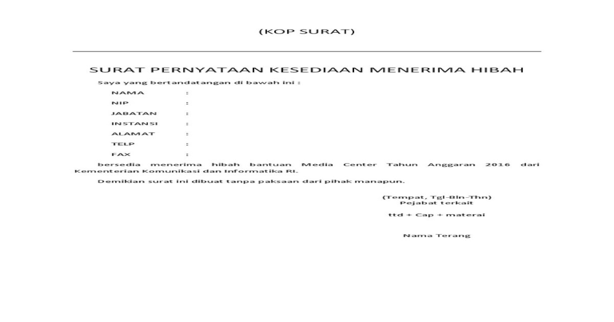 Detail Contoh Surat Pernyataan Bersedia Menerima Hibah Nomer 26