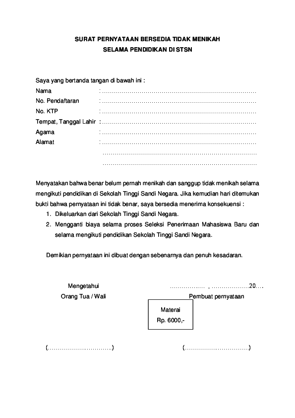 Detail Contoh Surat Pernyataan Bersedia Tidak Menikah Nomer 2