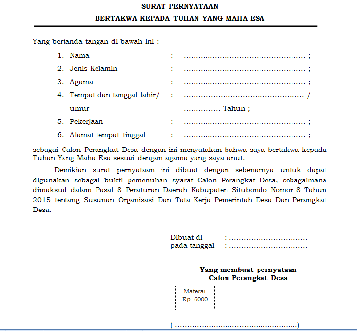 Detail Contoh Surat Pernyataan Bertaqwa Kepada Tuhan Nomer 7