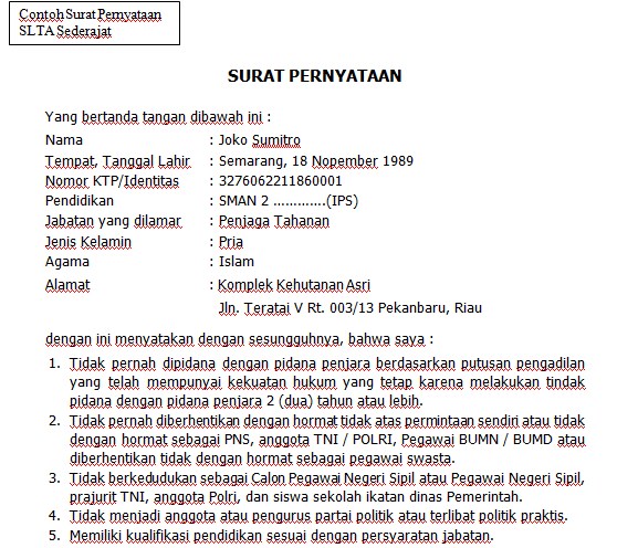 Detail Contoh Surat Pernyataan Cpns 2019 Nomer 13