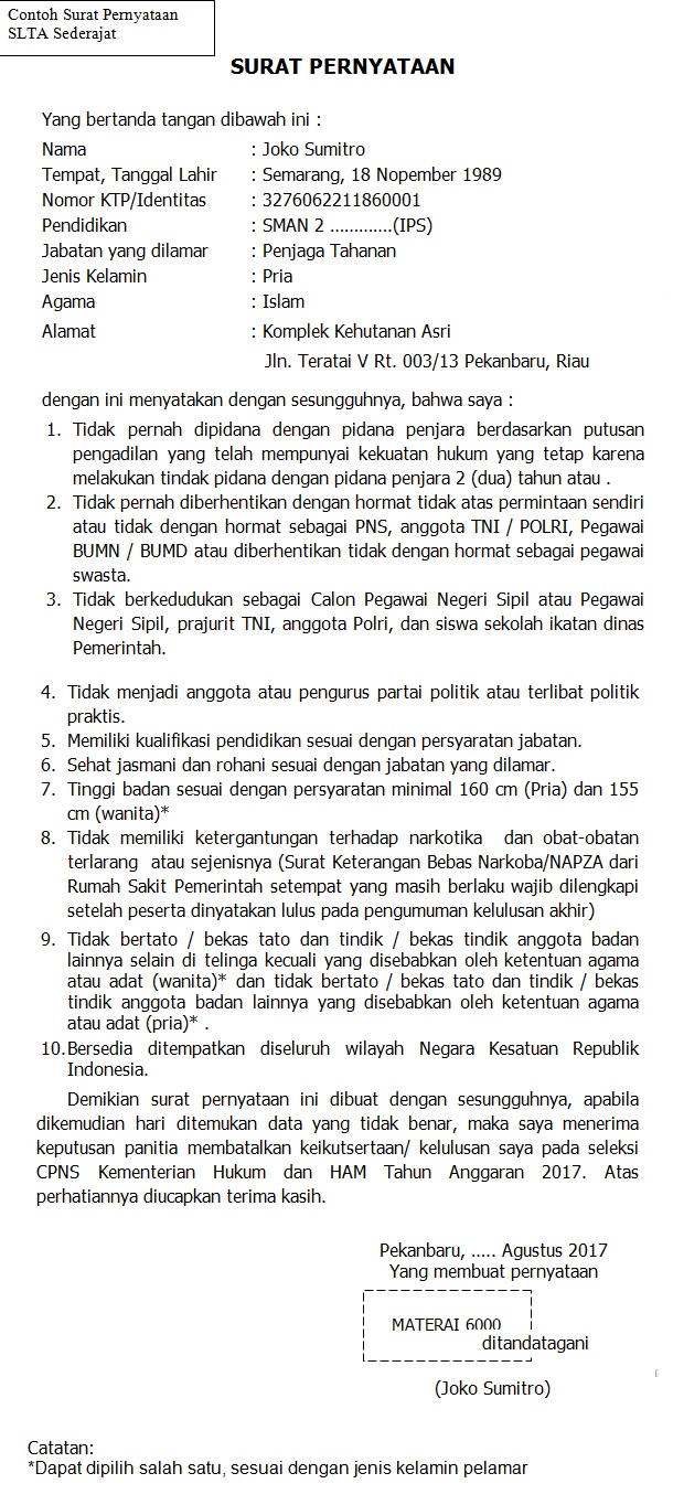 Detail Contoh Surat Pernyataan Cpns Kemenkumham Nomer 3