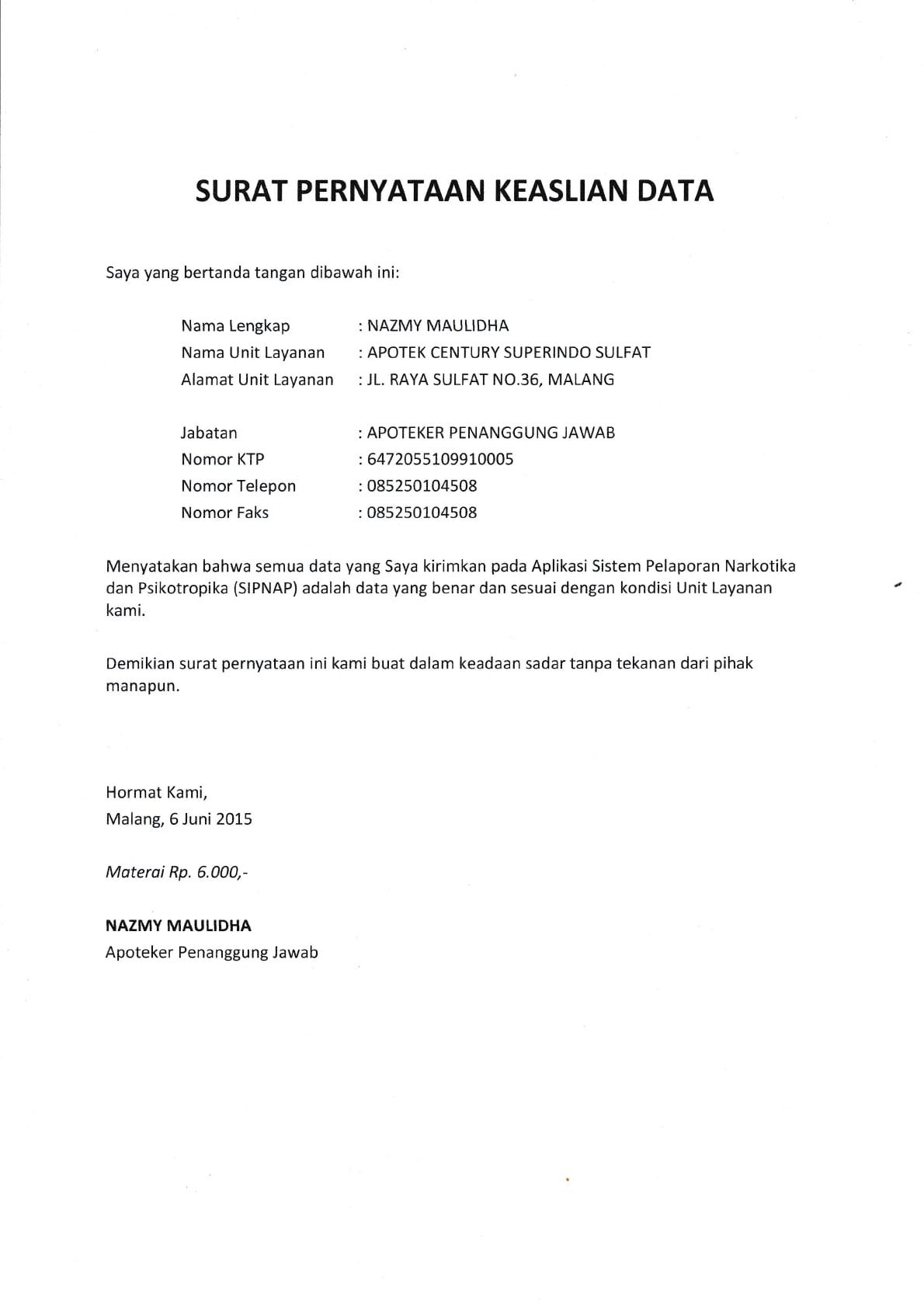 Detail Contoh Surat Pernyataan Dokumen Asli Nomer 17