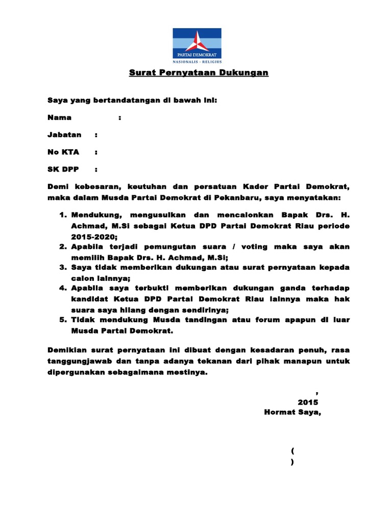 Detail Contoh Surat Pernyataan Dukungan Calon Ketua Nomer 16
