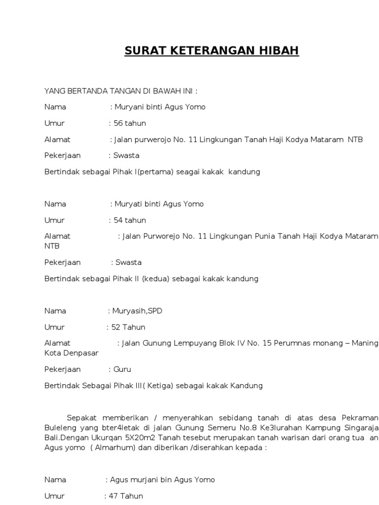 Detail Contoh Surat Pernyataan Hibah Tanah Warisan Nomer 36