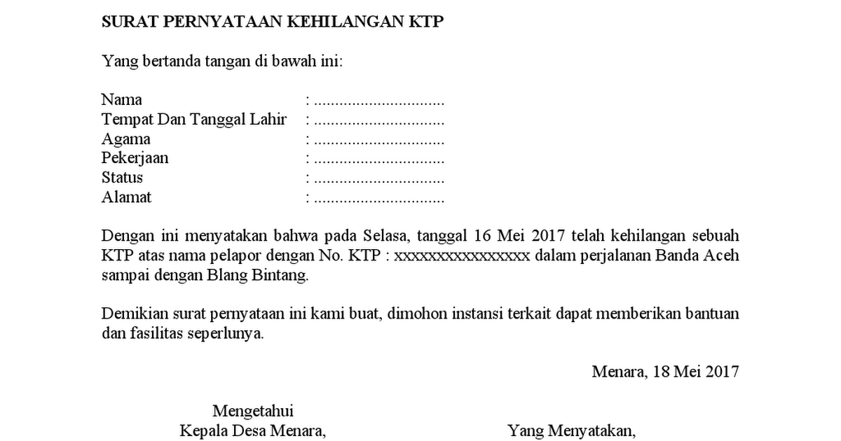 Detail Contoh Surat Pernyataan Hilang Nomer 34