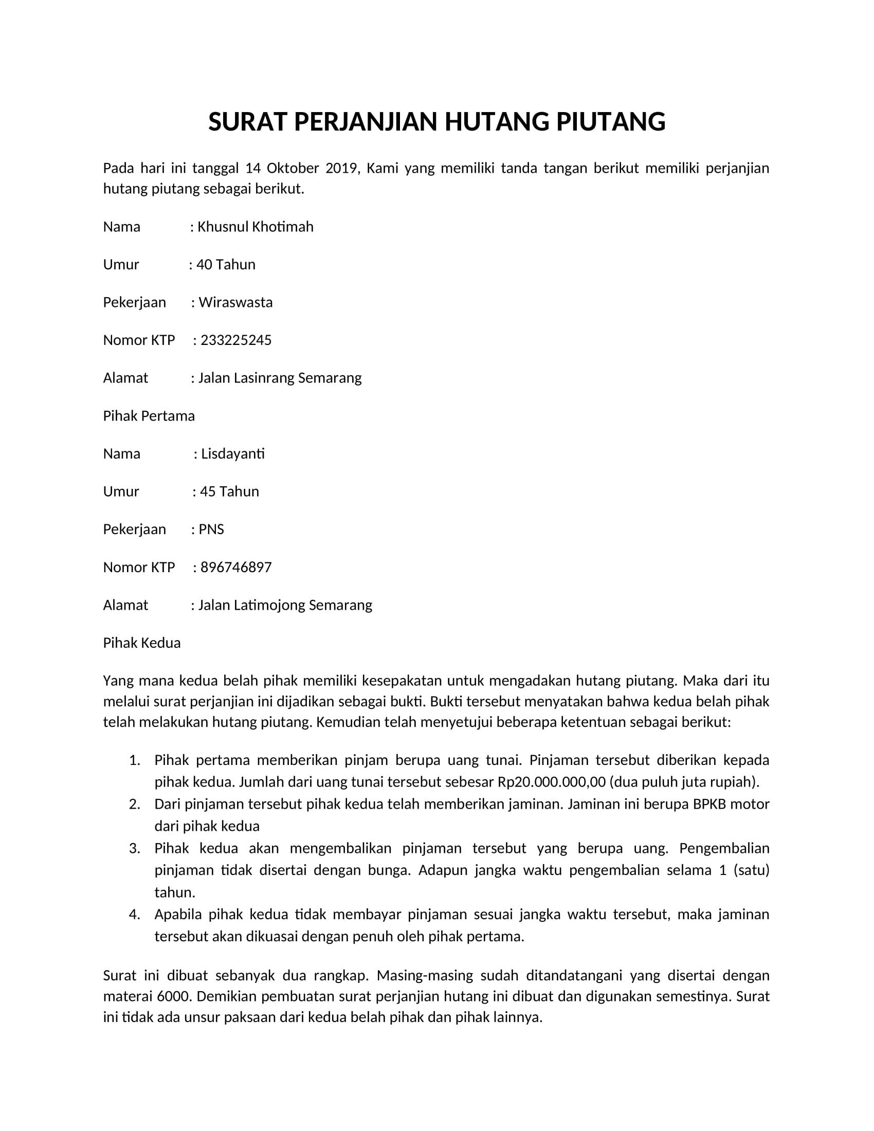Detail Contoh Surat Pernyataan Hutang Piutang Nomer 18