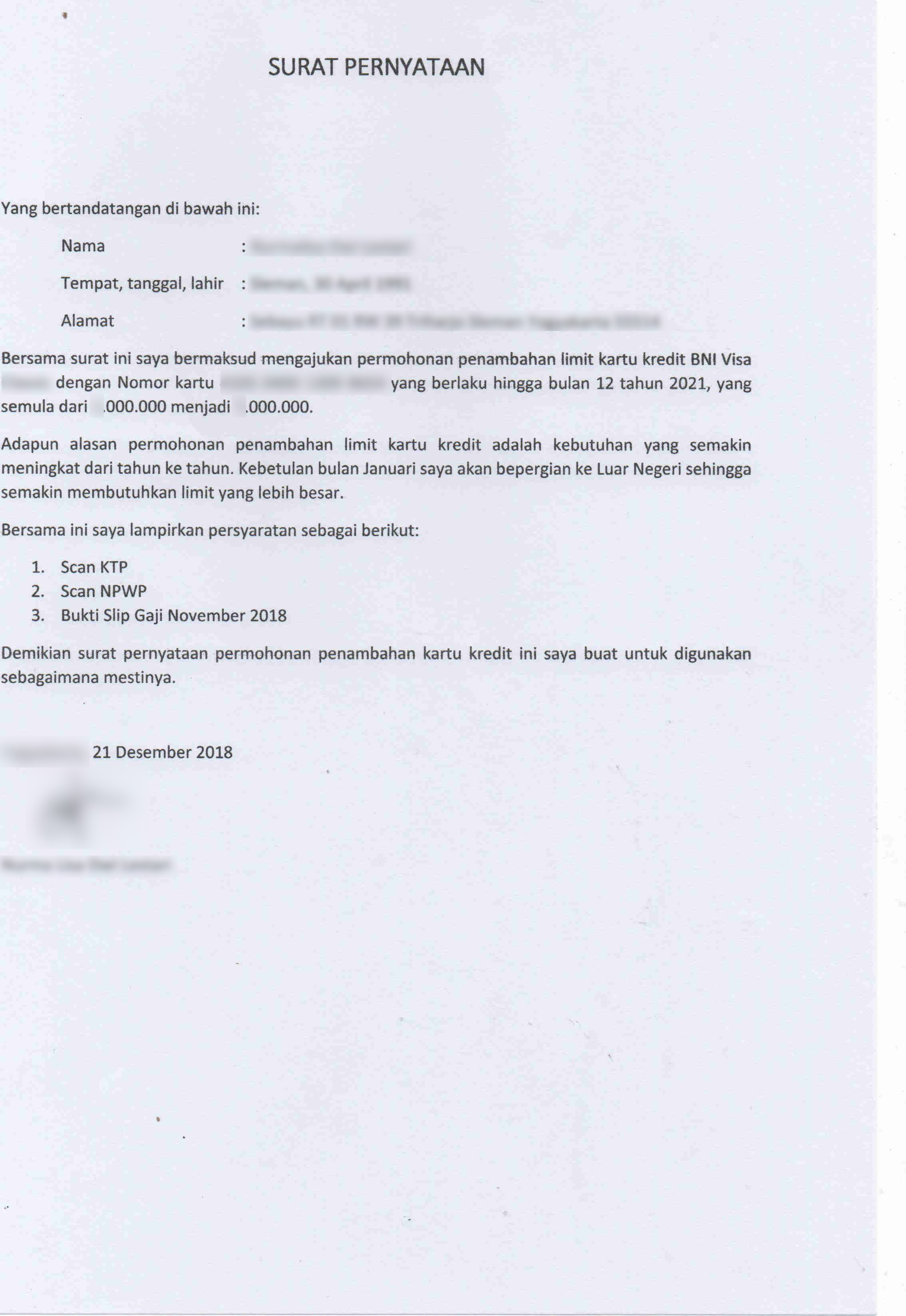 Detail Contoh Surat Pernyataan Kartu Kredit Nomer 9