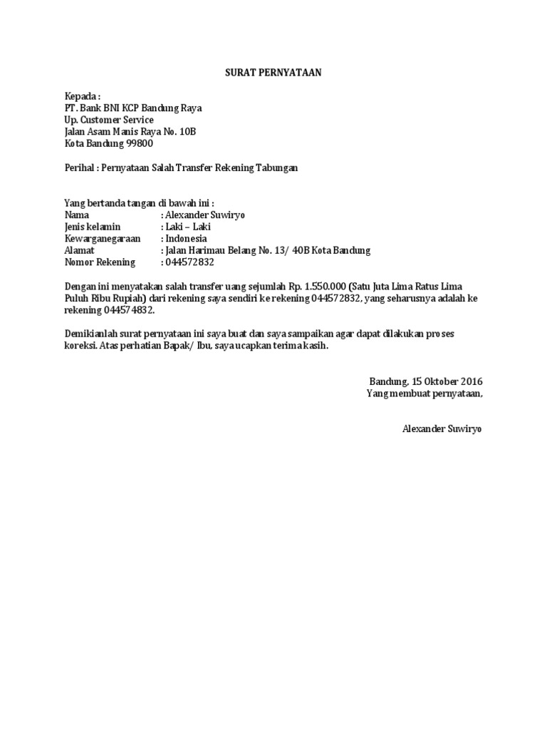 Detail Contoh Surat Pernyataan Ke Bank Nomer 46