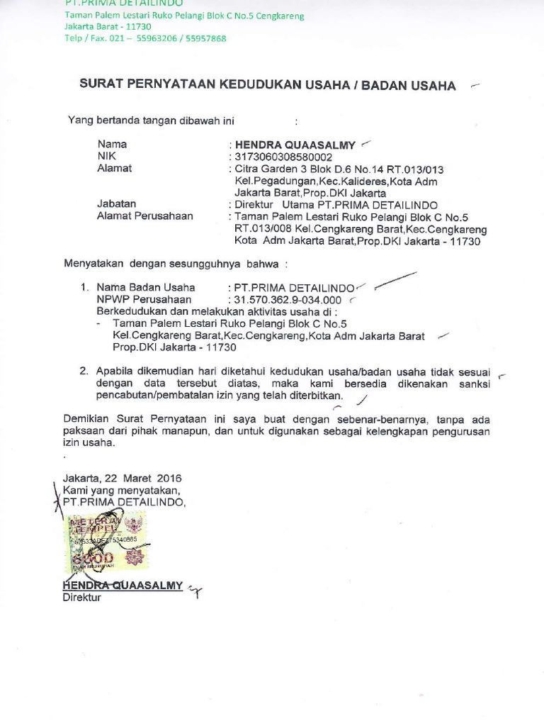 Detail Contoh Surat Pernyataan Kedudukan Usaha Nomer 2