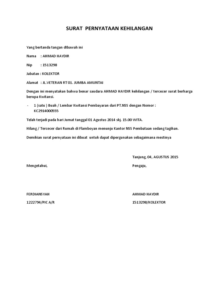 Detail Contoh Surat Pernyataan Kehilangan Nomer 40