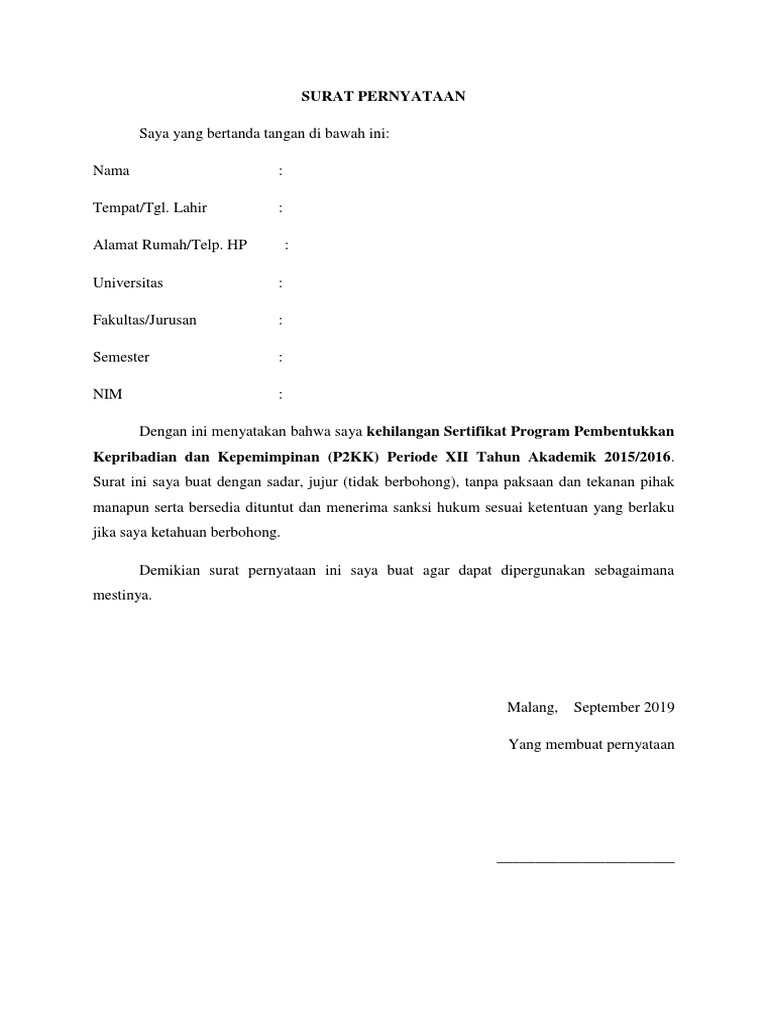 Detail Contoh Surat Pernyataan Kehilangan Nomer 43