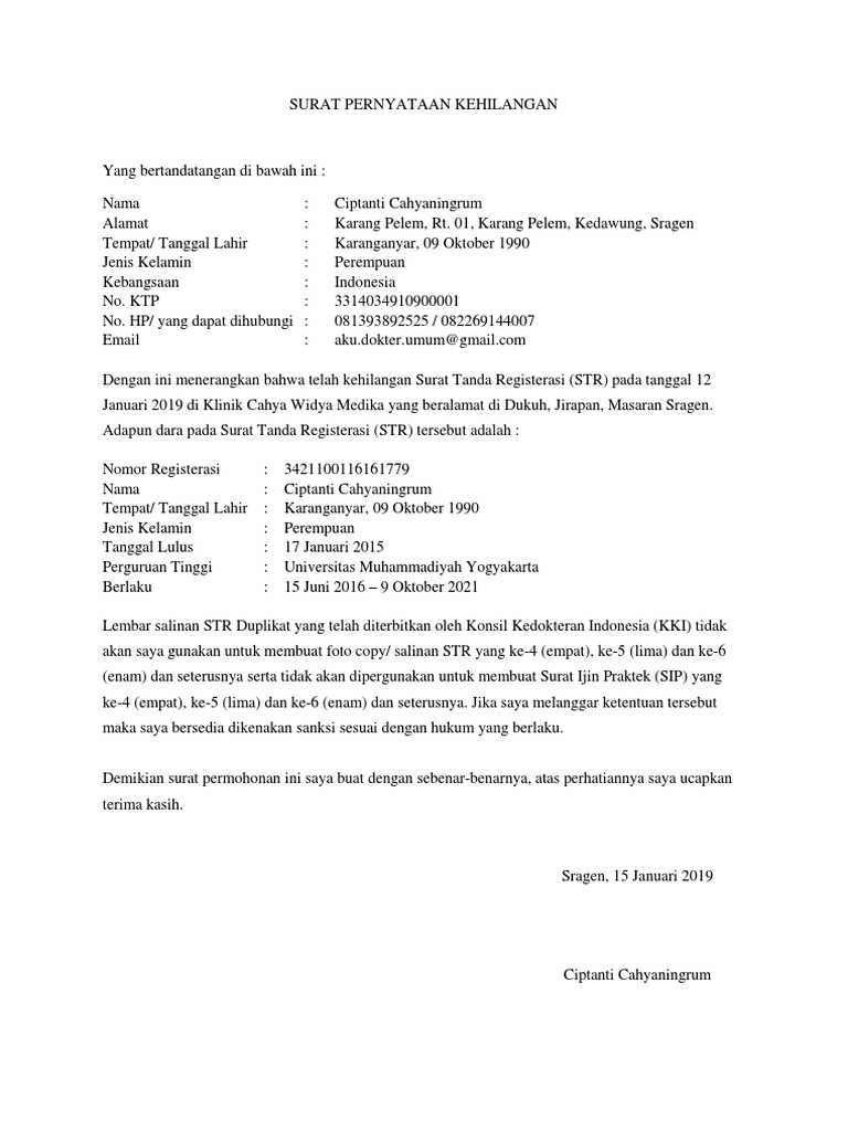Detail Contoh Surat Pernyataan Kehilangan Nomer 52