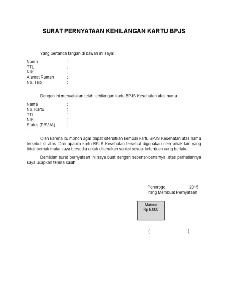 Detail Contoh Surat Pernyataan Kehilangan Kartu Askes Nomer 9