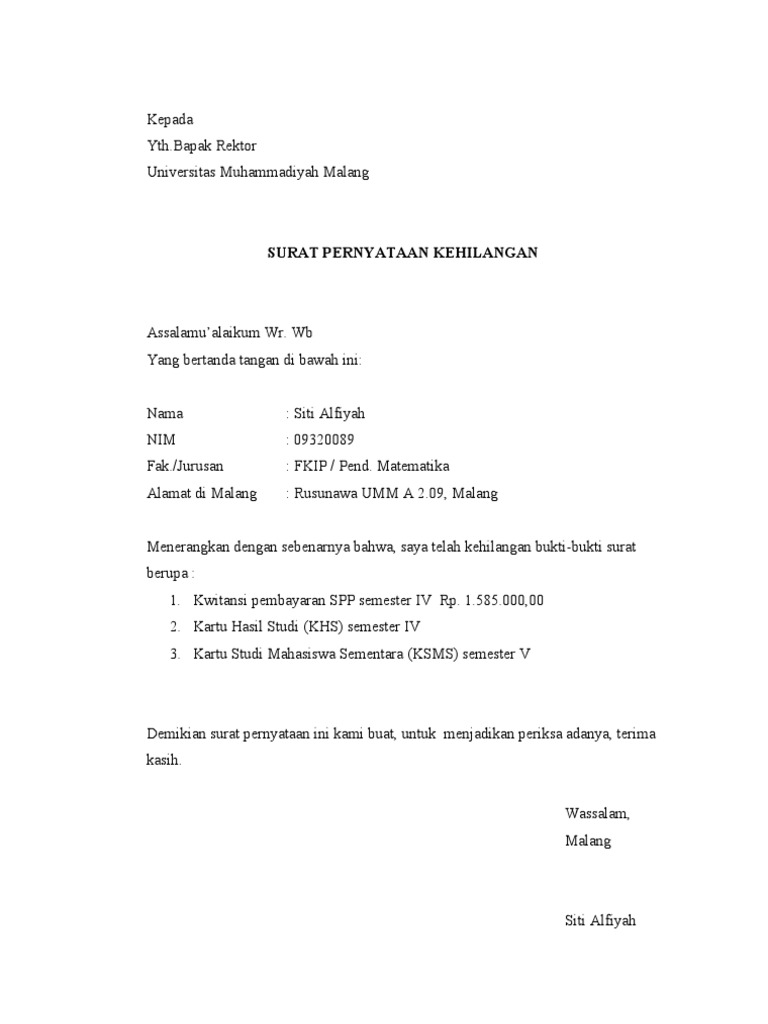 Detail Contoh Surat Pernyataan Kehilangan Kwitansi Nomer 2