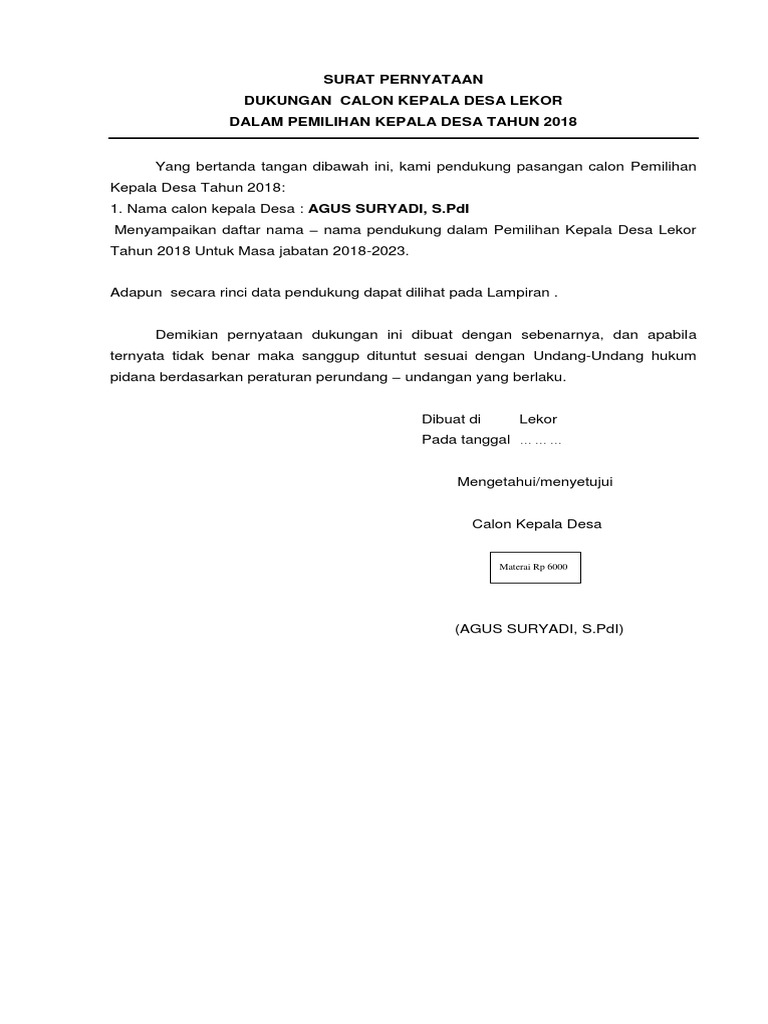Detail Contoh Surat Pernyataan Kepala Desa Nomer 40