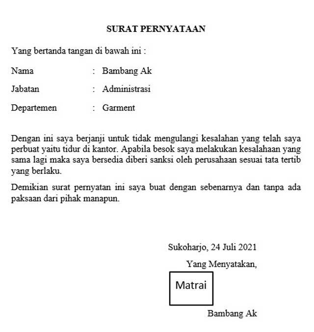 Detail Contoh Surat Pernyataan Kesalahan Kerja Nomer 4