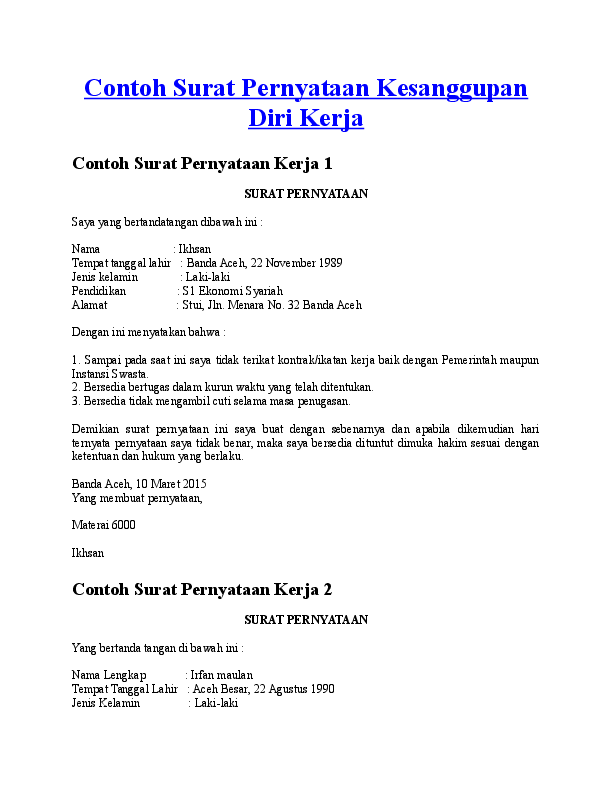 Detail Contoh Surat Pernyataan Kesanggupan Kerja Nomer 2