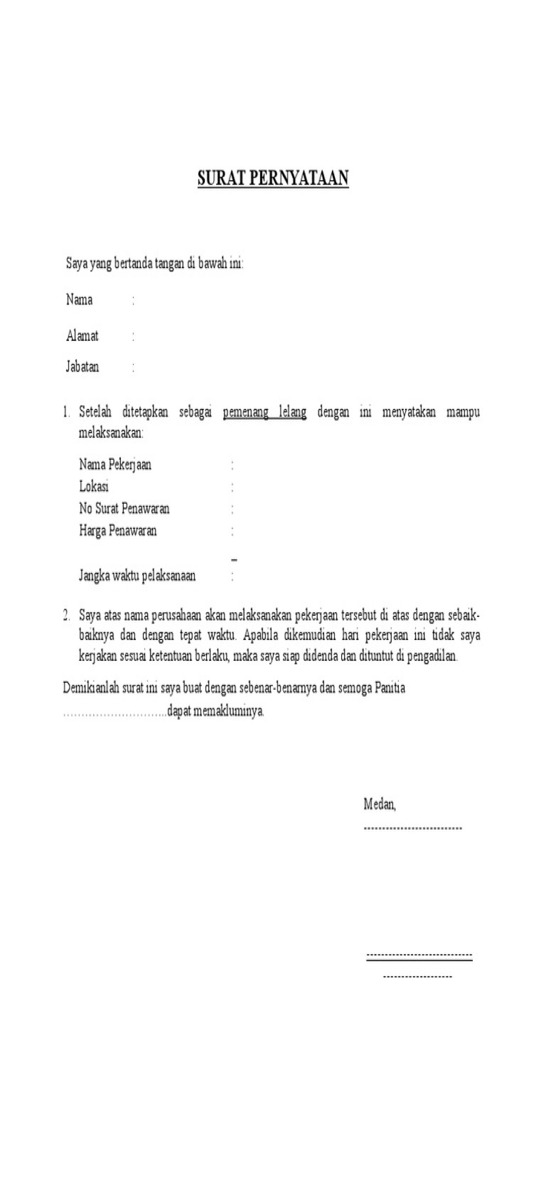 Contoh Surat Pernyataan Kesanggupan Pekerjaan