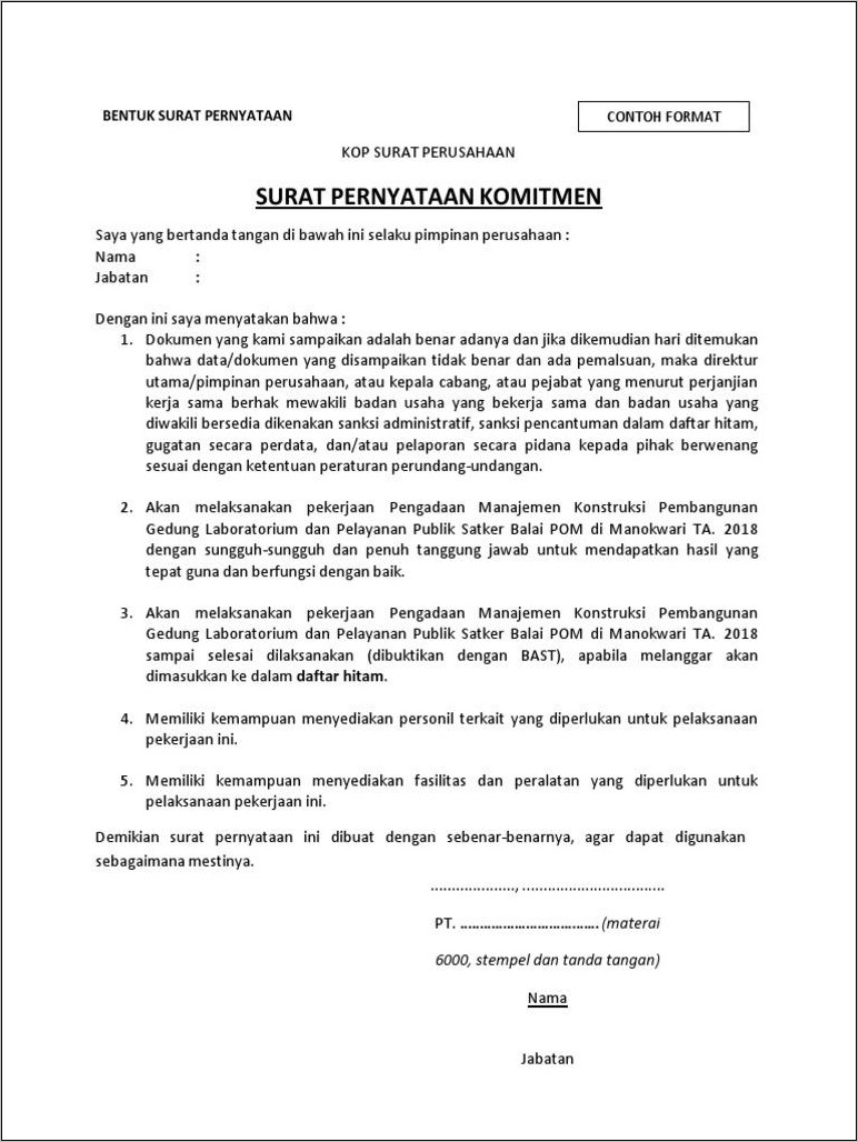 Detail Contoh Surat Pernyataan Komitmen Nomer 29
