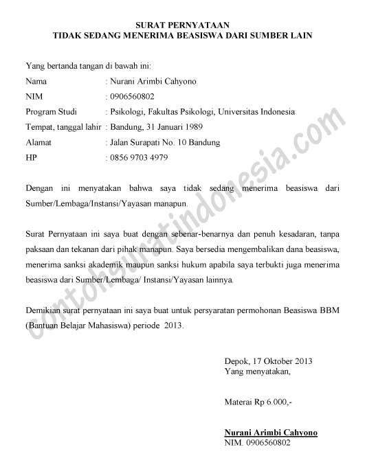 Detail Contoh Surat Pernyataan Mahasiswa Baru Nomer 10