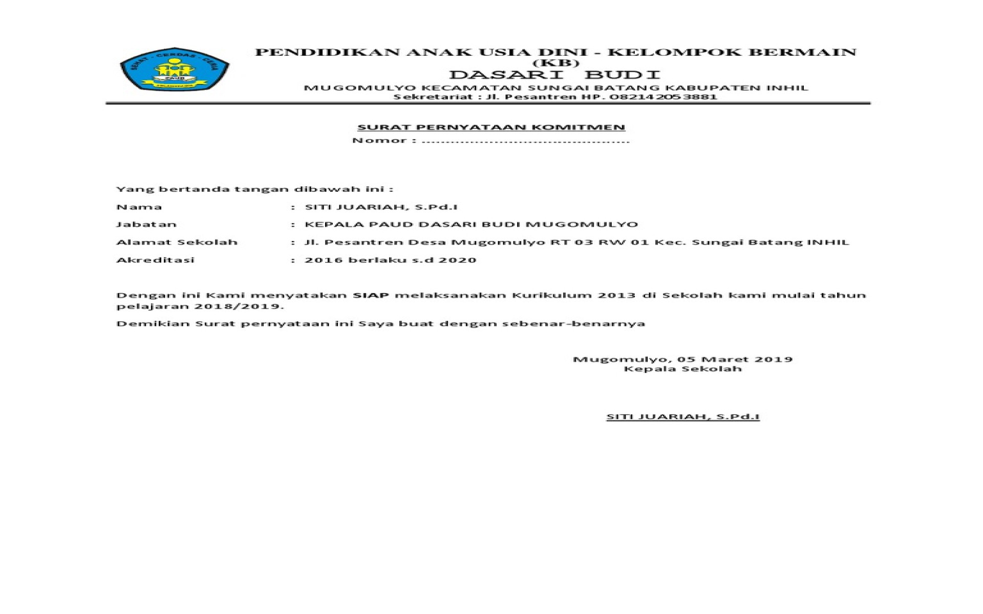 Detail Contoh Surat Pernyataan Melaksanakan Kurikulum 2013 Nomer 20