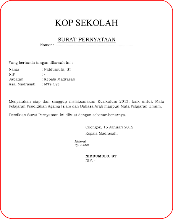 Detail Contoh Surat Pernyataan Melaksanakan Kurikulum 2013 Nomer 23