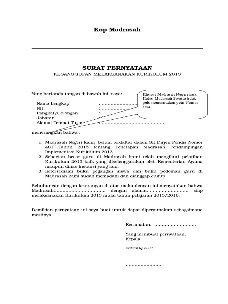 Detail Contoh Surat Pernyataan Melaksanakan Kurikulum 2013 Nomer 6