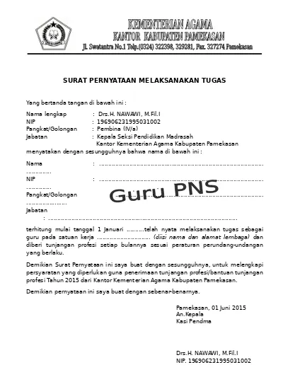 Detail Contoh Surat Pernyataan Melaksanakan Tugas Guru Nomer 27