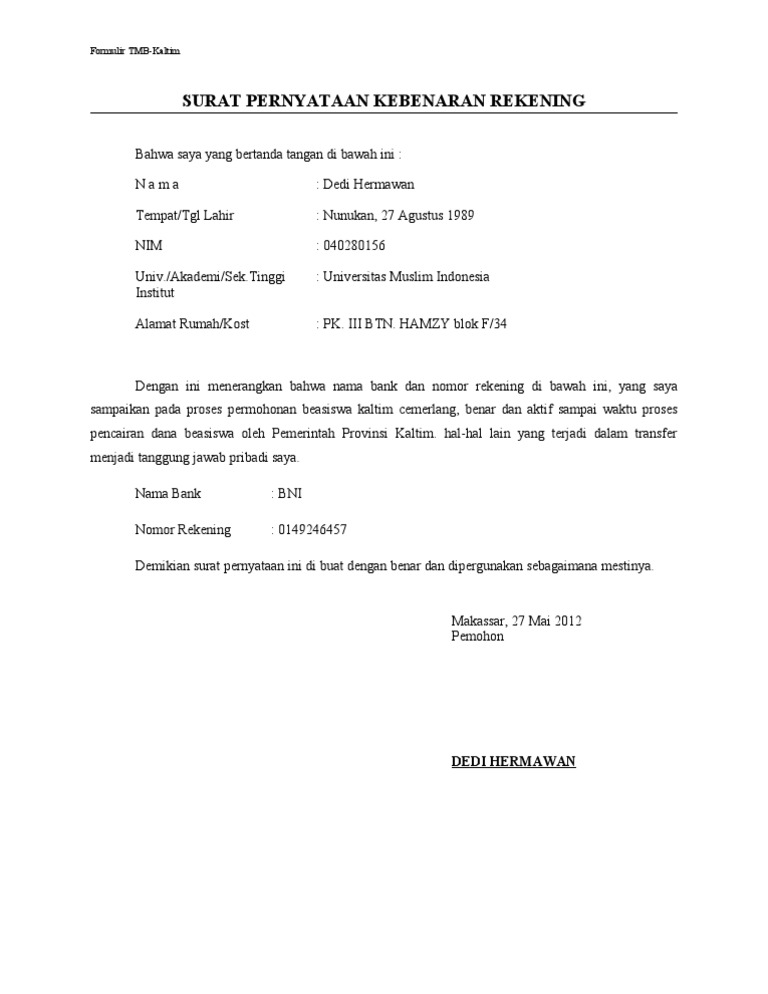 Contoh Surat Pernyataan Nomor Rekening Bank Perusahaan - KibrisPDR