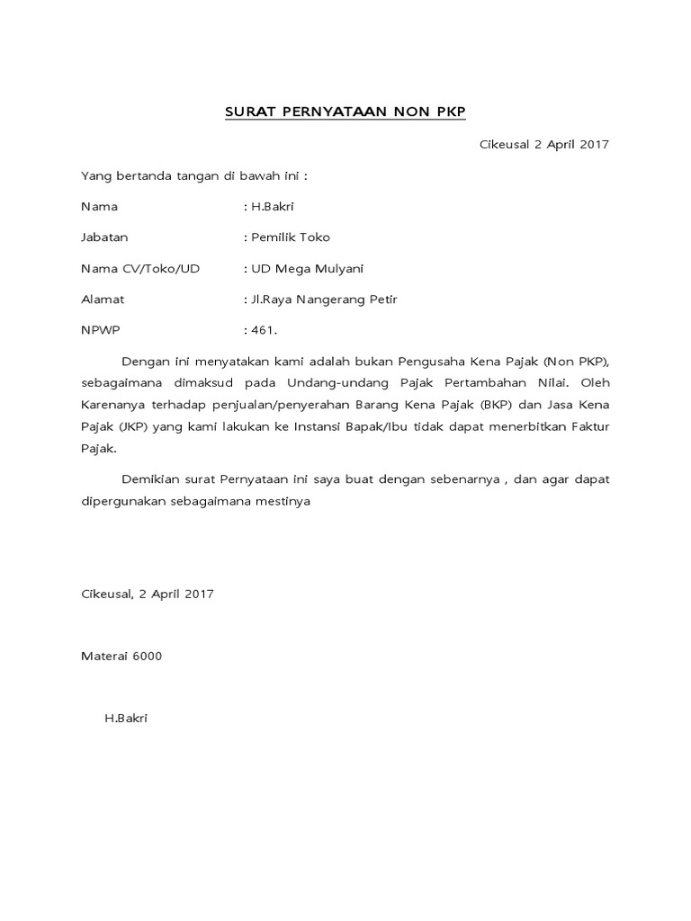 Detail Contoh Surat Pernyataan Non Pkp Nomer 16