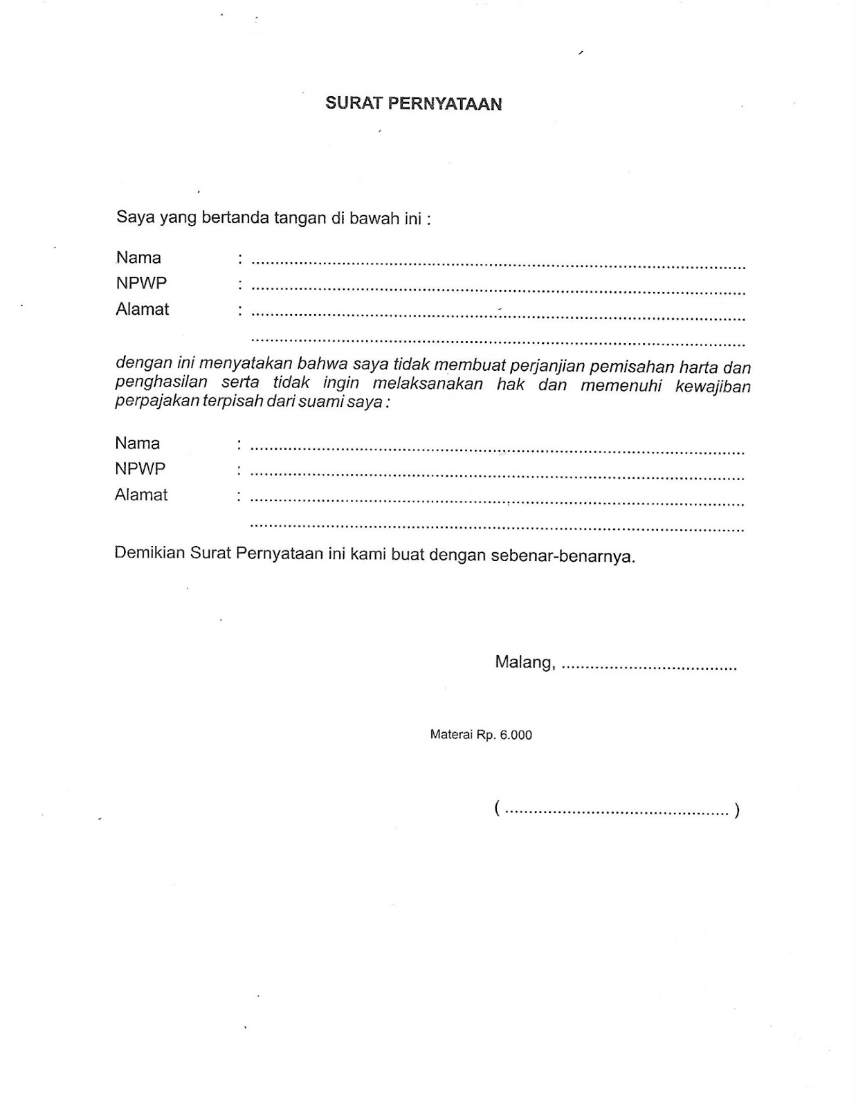 Detail Contoh Surat Pernyataan Npwp Ikut Suami Nomer 4