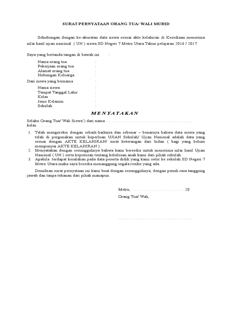 Detail Contoh Surat Pernyataan Orang Tua Wali Nomer 8