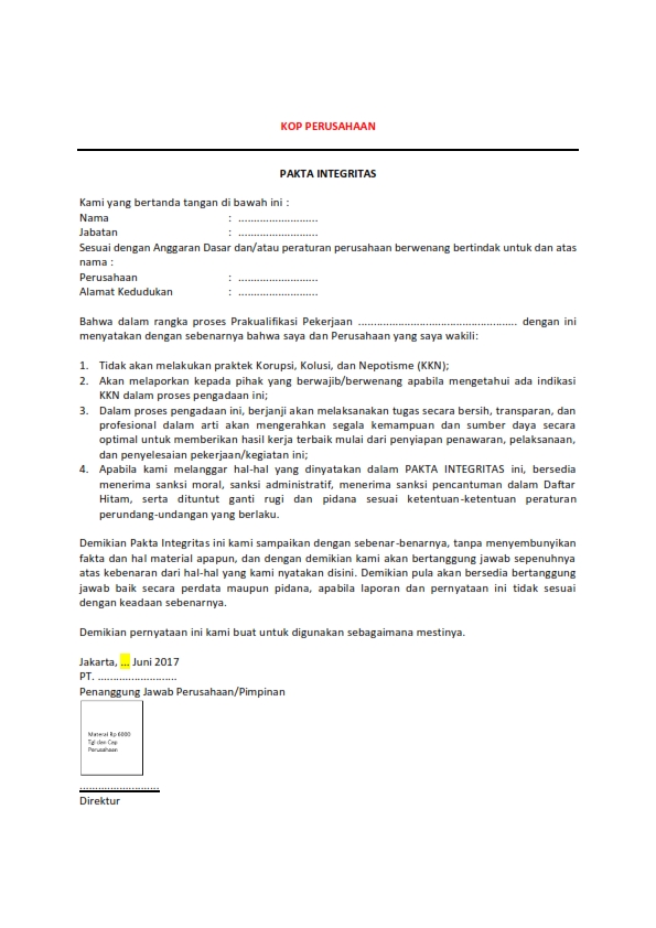Detail Contoh Surat Pernyataan Pakta Integritas Nomer 34
