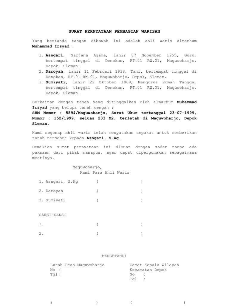 Detail Contoh Surat Pernyataan Pembagian Warisan Nomer 5