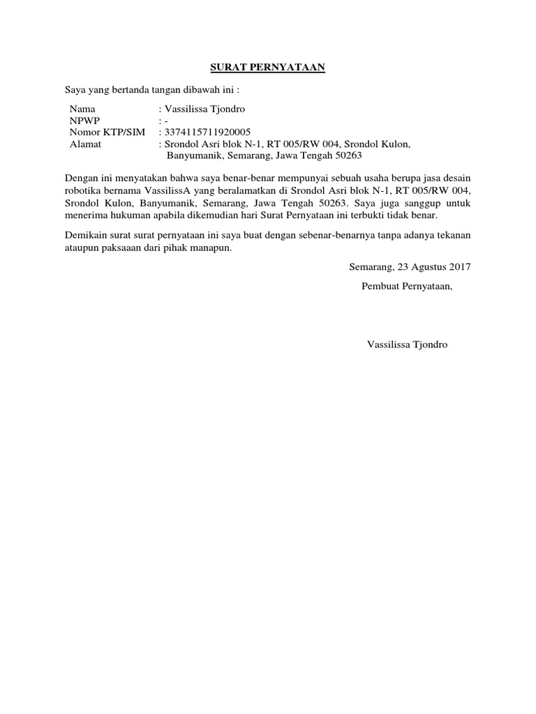 Detail Contoh Surat Pernyataan Pembuatan Npwp Nomer 30