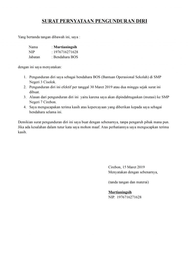 Detail Contoh Surat Pernyataan Pengunduran Diri Dari Sekolah Nomer 55