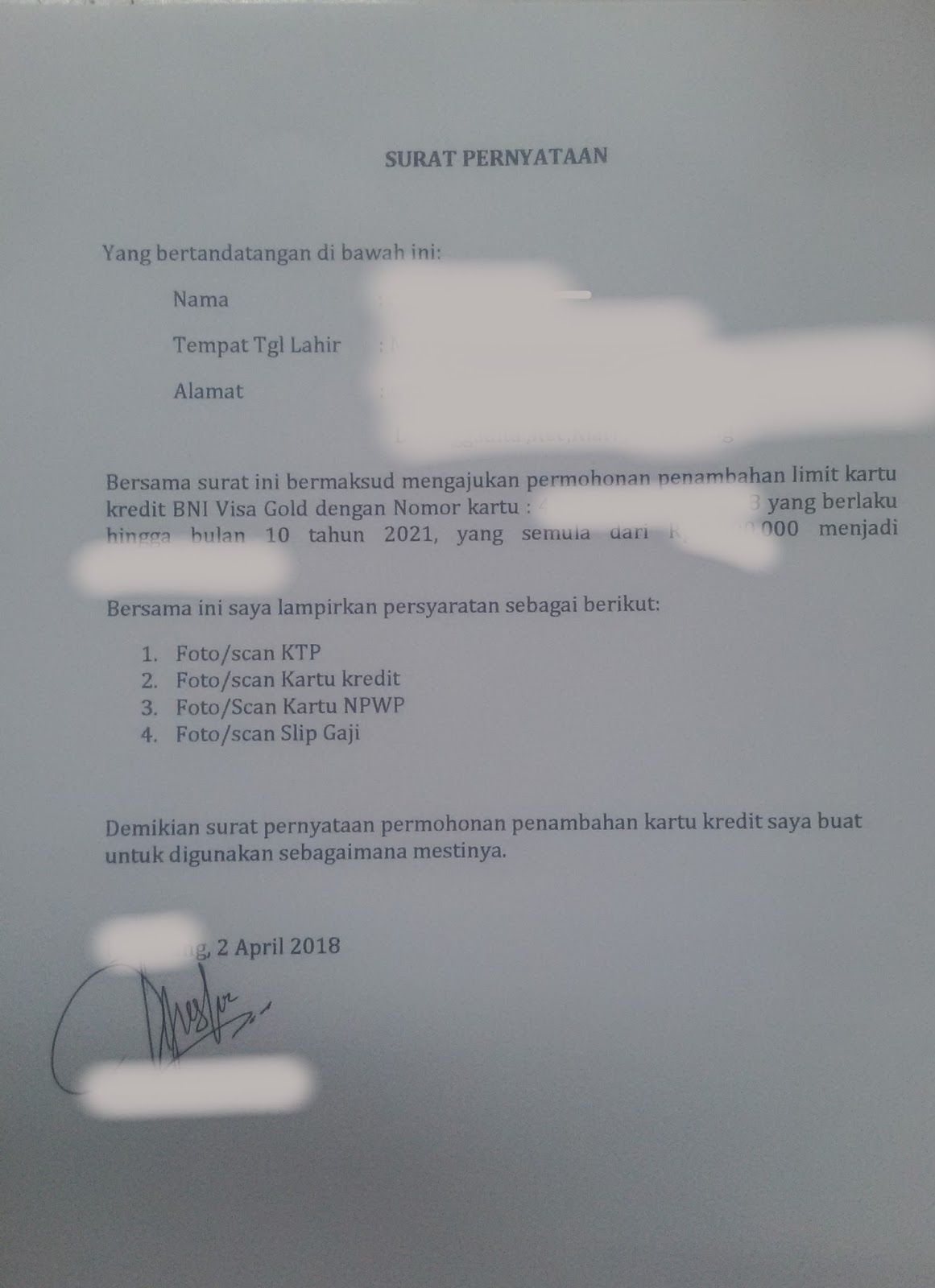 Detail Contoh Surat Pernyataan Perubahan Data Kartu Kredit Nomer 23