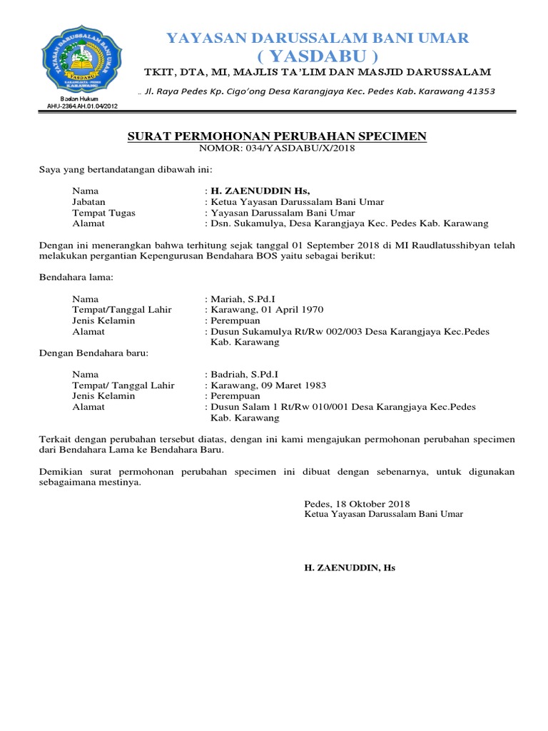 Detail Contoh Surat Pernyataan Perubahan Specimen Nomer 5