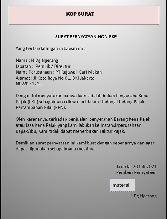 Detail Contoh Surat Pernyataan Perusahaan Non Pkp Nomer 5