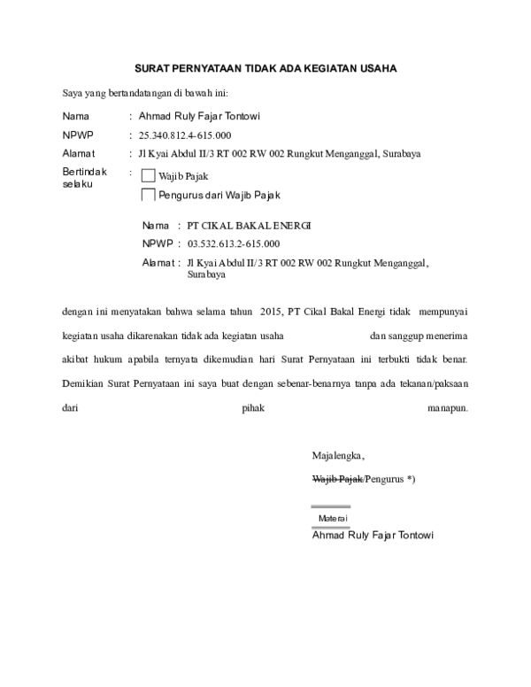 Detail Contoh Surat Pernyataan Perusahaan Tidak Ada Kegiatan Usaha Nomer 3