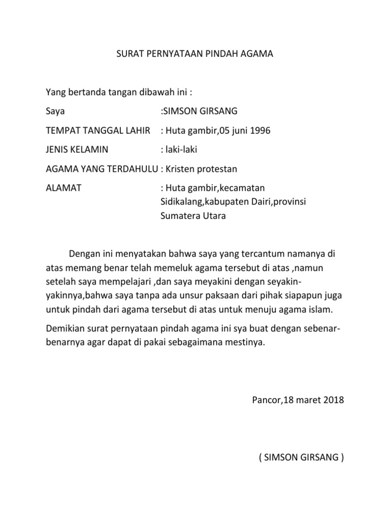 Detail Contoh Surat Pernyataan Pindah Agama Nomer 3