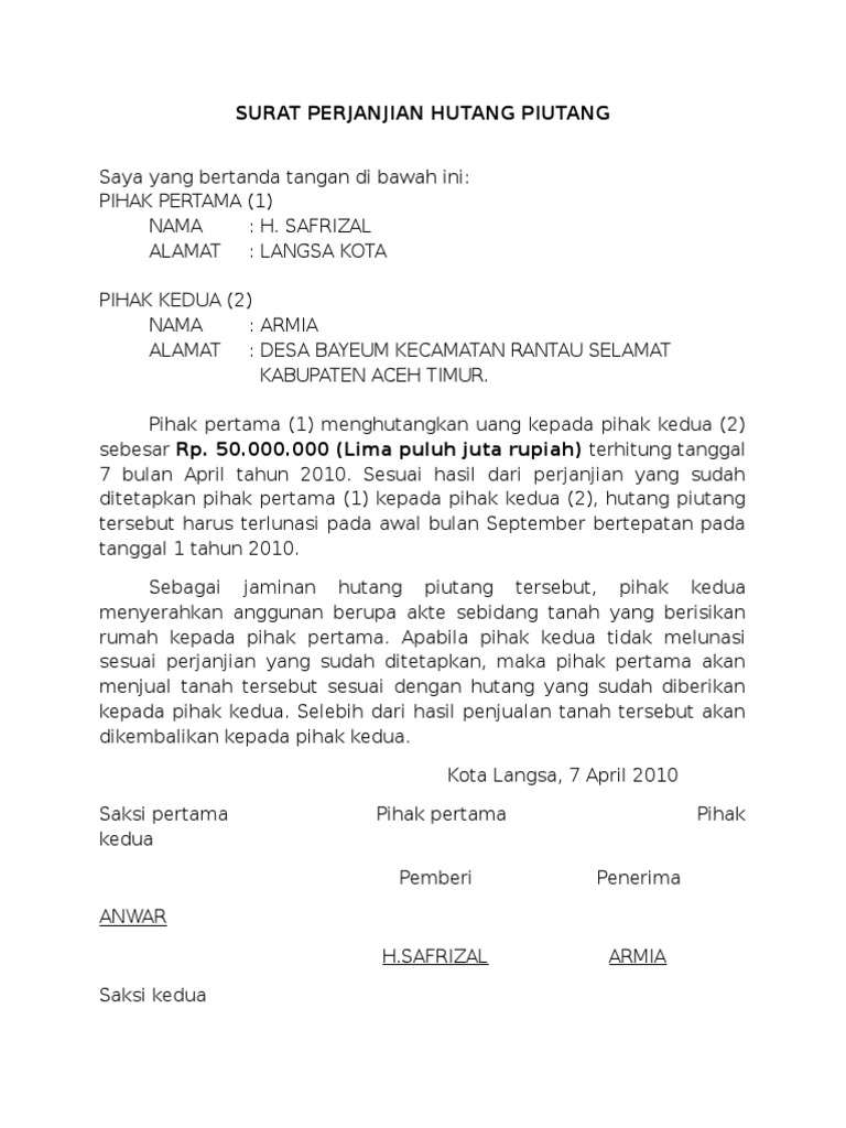 Contoh Surat Pernyataan Piutang - KibrisPDR