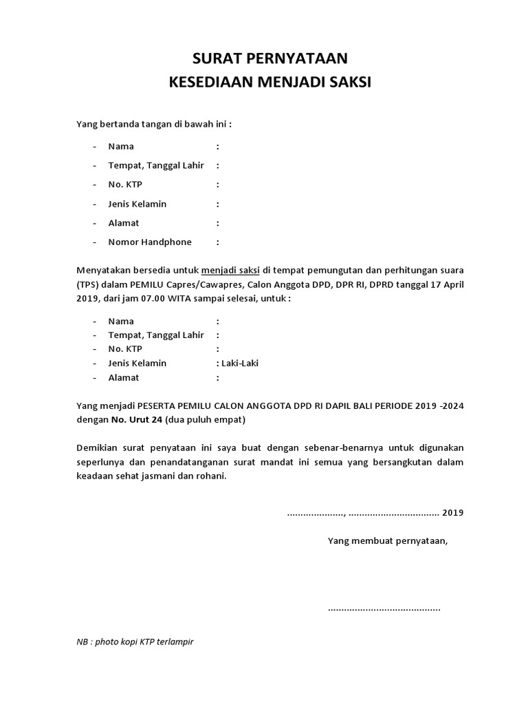 Detail Contoh Surat Pernyataan Saksi Nomer 6