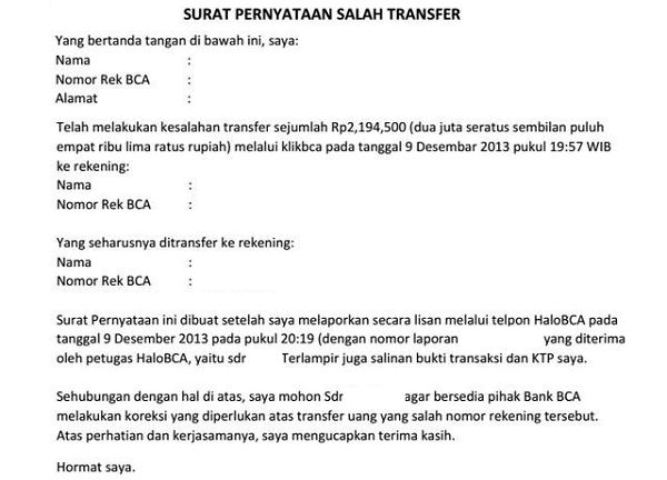 Detail Contoh Surat Pernyataan Salah Transfer Bank Bca Koleksi Nomer 3