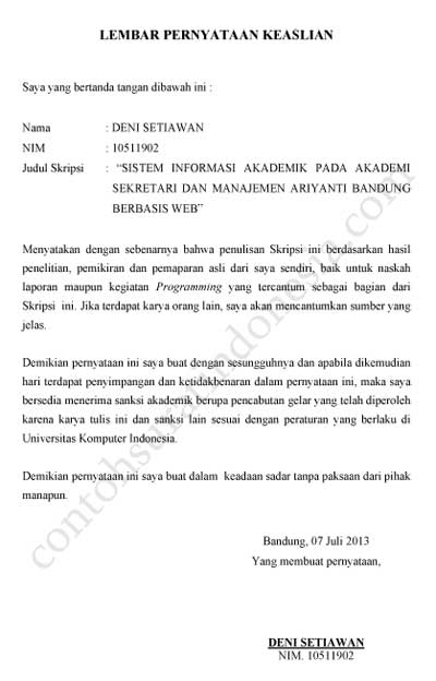 Contoh Surat Pernyataan Skripsi - KibrisPDR